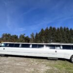 Sleek side-rear angle of a white 22-passenger SUV limo with extended body, panoramic windows, and chrome wheels under blue skies.