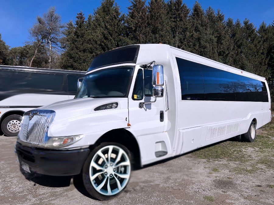 Front angle of white 30-passenger party bus showing tinted windows and chrome accents – Brantford Limo.