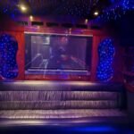 Entertainment section inside 38-passenger party limo bus with flat-screen TV and LED accent lighting – Brantford Limo.