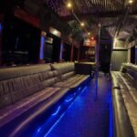 38-passenger party bus interior with leather seating, LED lights, and dance pole – Brantford Limousine.
